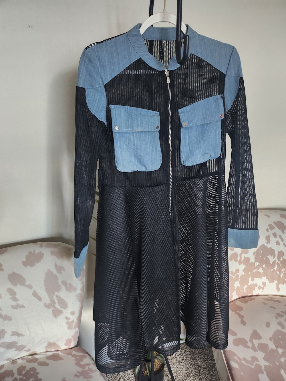 San Joy Black Mesh Dress with Light Blue Denim Accents